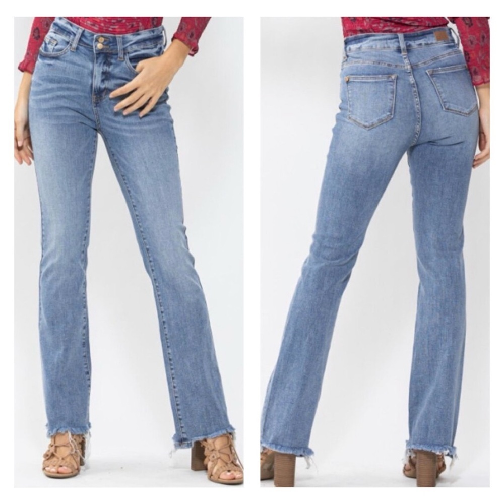 JUDY BLUE Double Button Bootcut Jeans frayed hem